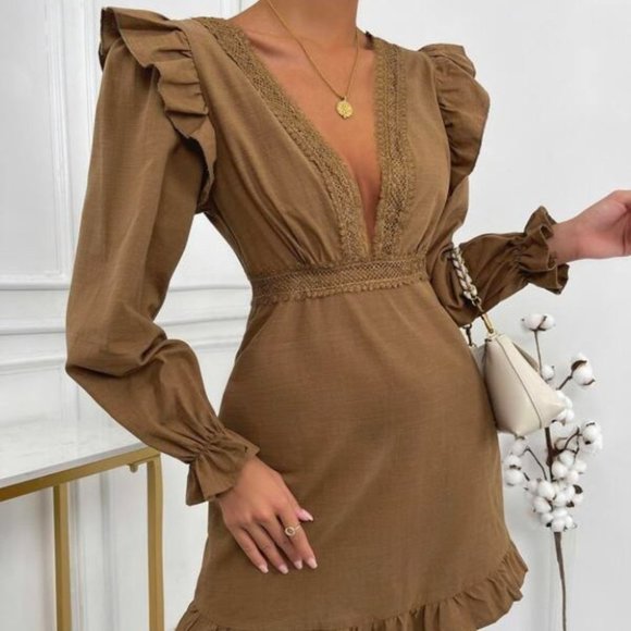 BOHO DOLLZ Plunging Neckline Mini Dress brown - Picture 3 of 6